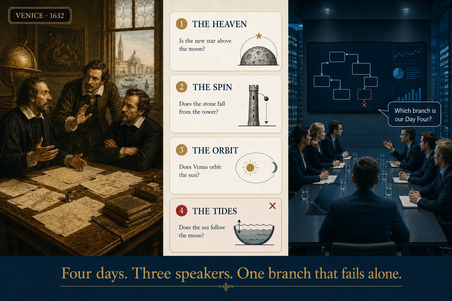 Galileo’s Dialogue: Four Days, Three Speakers, and the Argument He Got Wrong