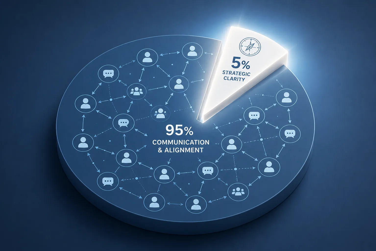 The 5% / 95% split visualized: 5% Strategic Clarity (the WHAT) vs 95% Communication & Alignment (the HOW)